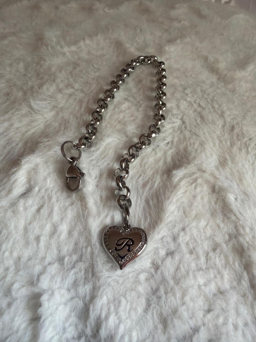 Silver tone Heart Rolo Bracelet with cz and R initial - adjustable